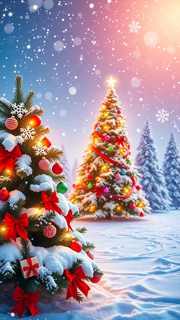 A cheerful Christmas wallpaper with a decorated tree and snowflakes, ideal for a profile picture.